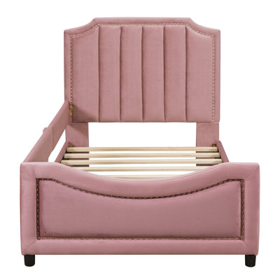 Twin Size Upholstered Daybed With Classic Stripe Shaped  Headboard