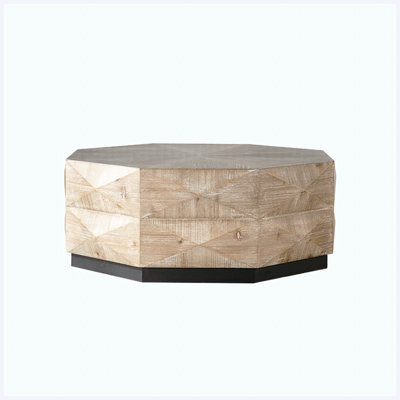 38" Octagon Retro Style Wood Coffee Table with 3D Embossed Pattern, Rustic Cocktail Table for Living Room