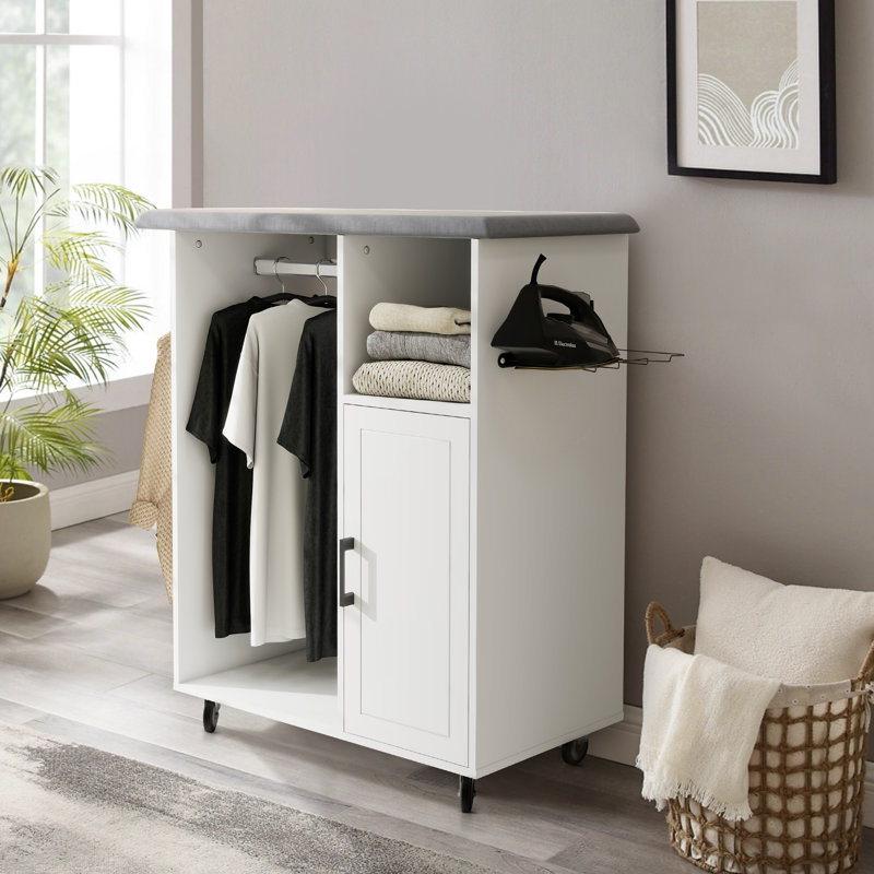 40.5"H White Ironing Cart With Ironing Board Clothes Rods Iron Rack Wheels And Adjustable Shelf