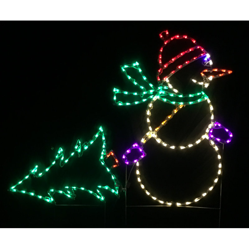Snowman Pulling Christmas Tree Holiday Lighted Display