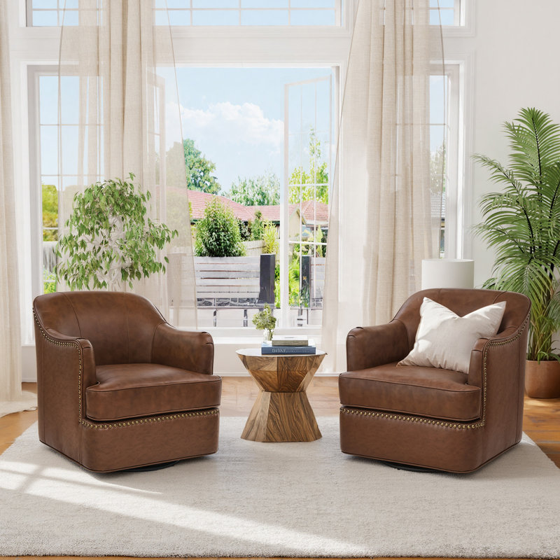 Fauteuil demi-tonneau pivotant en cuir véritable, Marron foncé