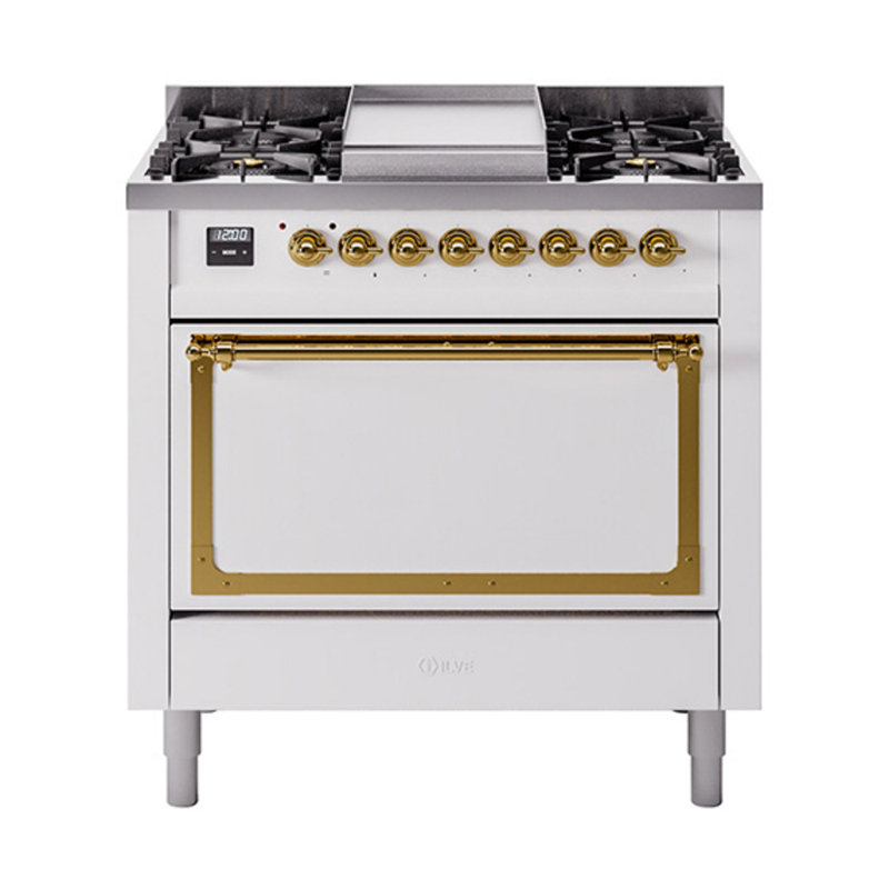 ILVE Nostalgie II Noblesse 36 in Dual Fuel Range, White/Brass, Natural Gas