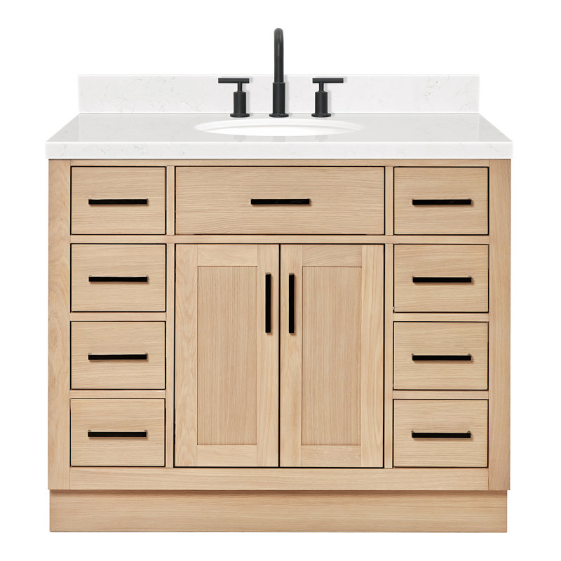 Thornaby 42'' Solid Wood Single Bathroom Vanity with 1.5'' Carrara Quartz Top, Natural Oak / Matte Black, Oval 
