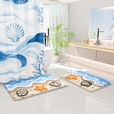 Coastal Bathroom Rugs Beach Ocean Wave Bath Mat Nautical Rug, Cute 3D Starfish Shell Beachy Theme Bathroom Decor Colorful Bath Rug, Soft Microfiber Carpet Non Slip Washable Bathmat (20X32 Inch)