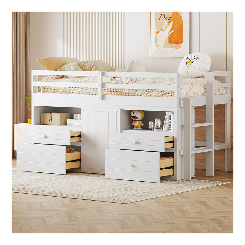 Lit mezzanine simple avec 4 tiroirs, sous l'armoire et les tablettes, Blanc