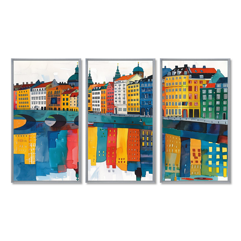 Ensemble de décorations murales jaunes et vertes du canal de Copenhague I - Copenhague, Toile argentée avec cadre flottant