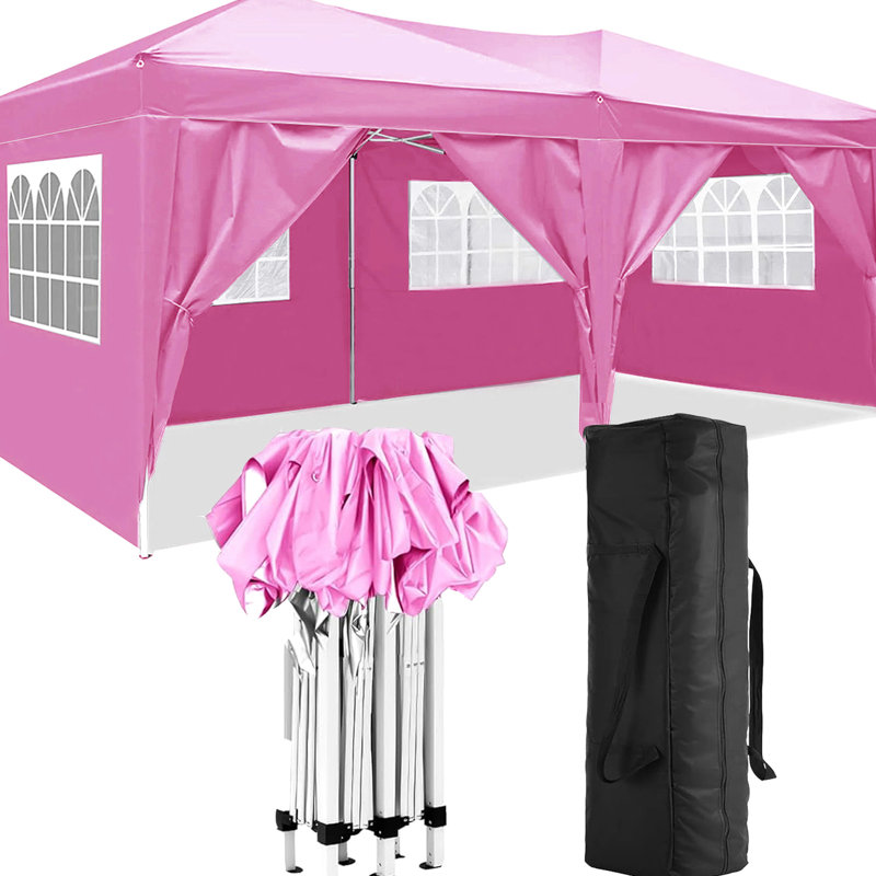 Auvent d'abri de plage 10 'X 20' avec 6 panneaux latéraux amovibles. Upf 50+, imperméable et facile à installer. Tissu rose 210D, parois de mariage pliantes en acier. Cadre, installation rapide pour bord de mer