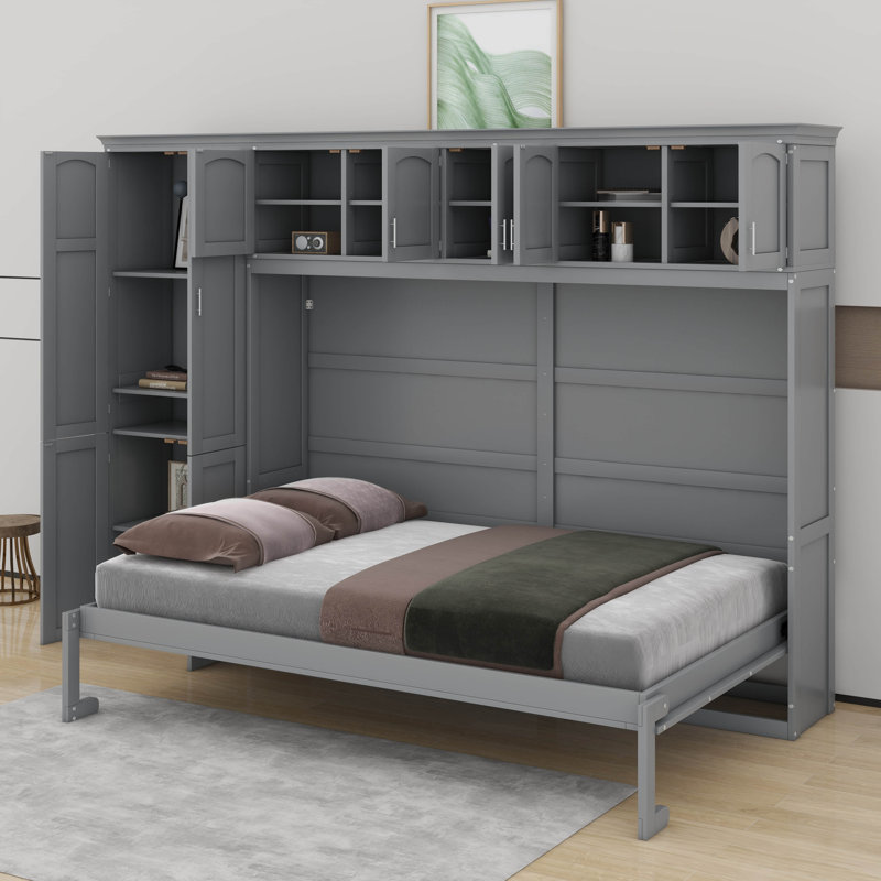 Grand lit escamotable avec armoires, gris