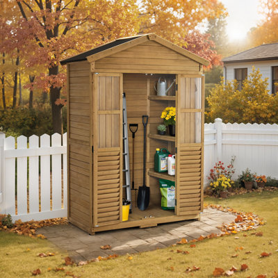 Outdoor Storage Wooden Tool Shed, Waterproof Outside Storage Cabinet with Shelves and Lockable Door