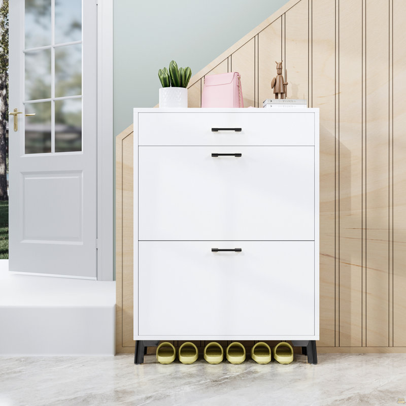 Rangement pour chaussures, range-chaussures autoportant avec 2 tiroirs rabattables, range-chaussures dissimulé, Blanc