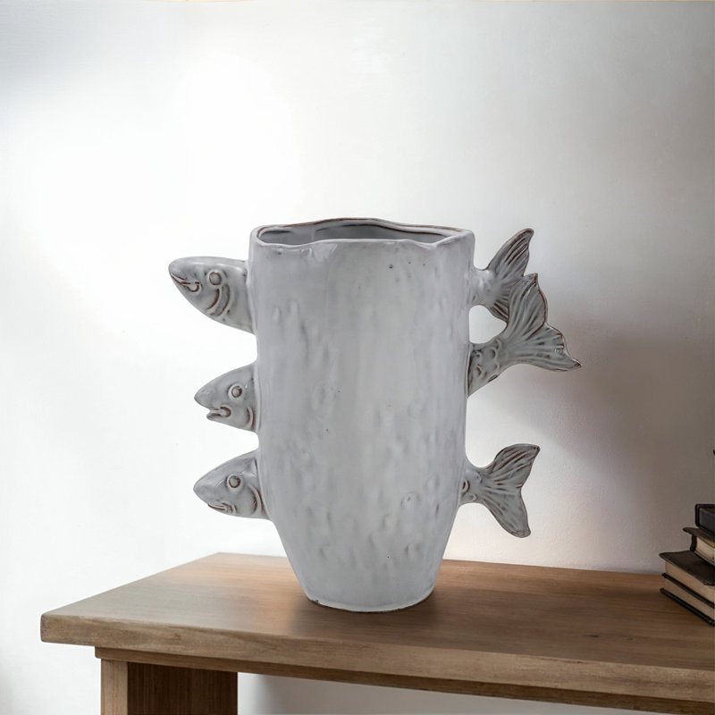 Vase en grès avec poisson 3D et glacis réactif