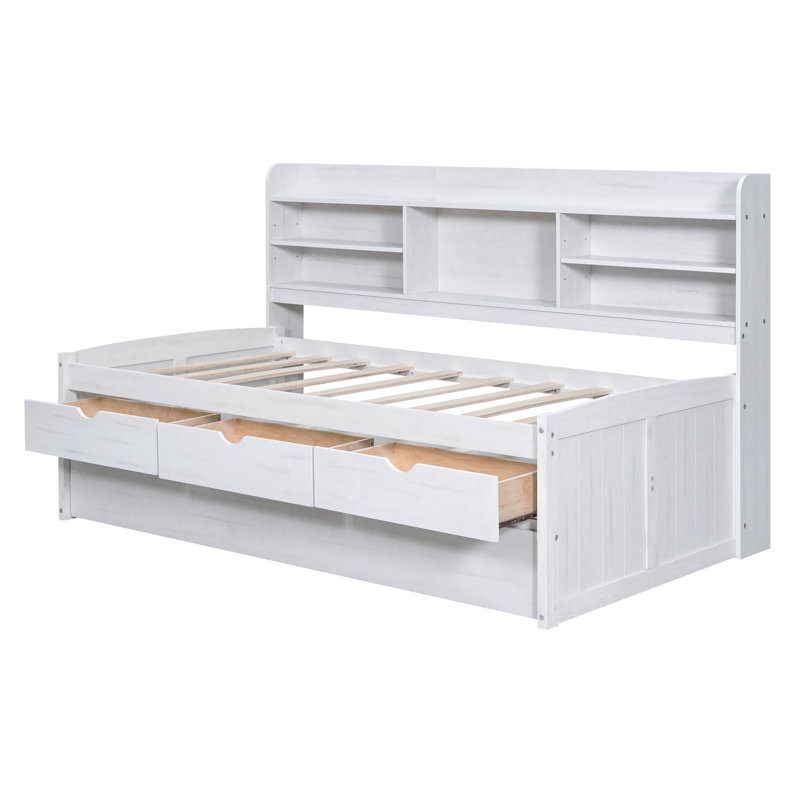 Twin Size Wooden Captain Bed With Built-In Bookshelves,Three Storage Drawers And Trundle, Twin, White Washed