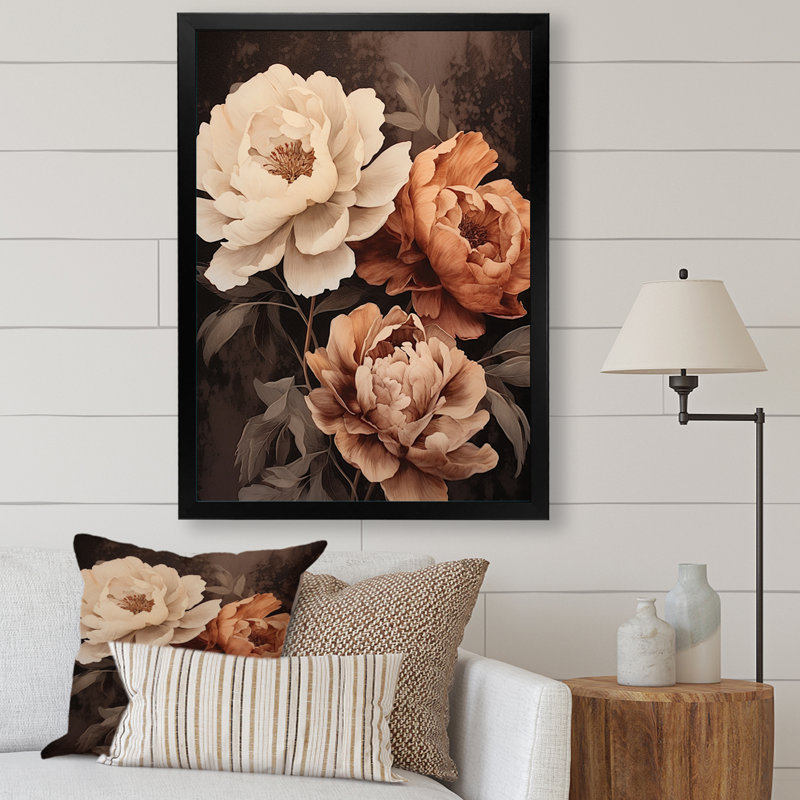 Pivoines botaniques rétro dévoilées II sur toile, Cadre photo noir, H 44 po x l 34 po x P 1,5 po