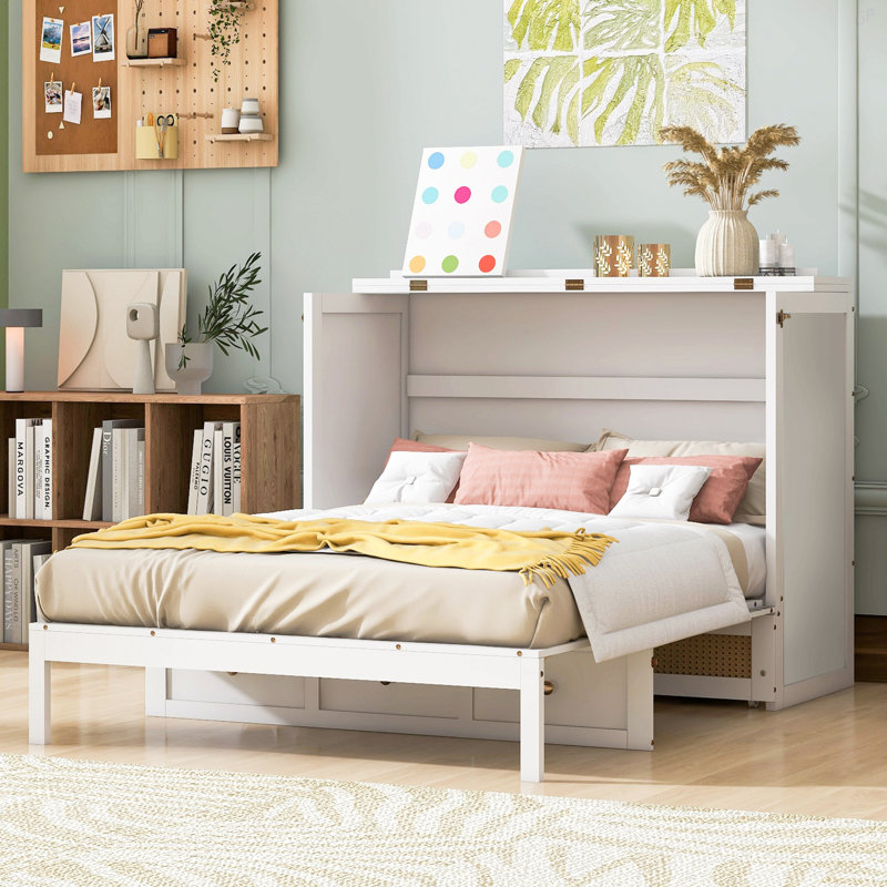 Lit escamotable double avec grands tiroirs, Full, White