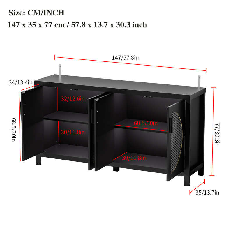Black Modern Sideboard Cabinet with Rattan Doors and Storage
