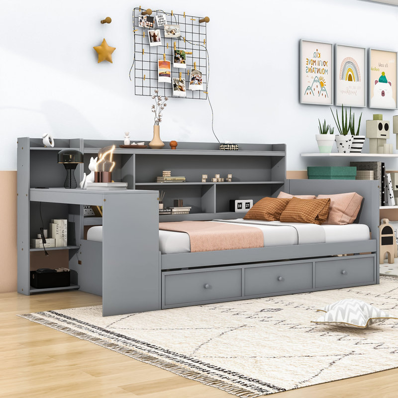 Wooden Daybed With Three Drawers, USB Ports and desk, Gray, Twin