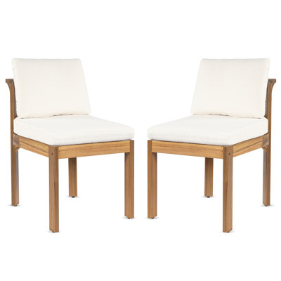 Acacia Wood Outdoor Dining Chair (Set Of 2), Teak Finish Wood + Cream Cushions