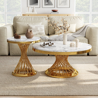 2-Piece Round Coffee Table Set, Marble-Look Tabletops with Twisted Gold Stainless Steel Pedestal Bases, Modern Luxury Living Room Table Set