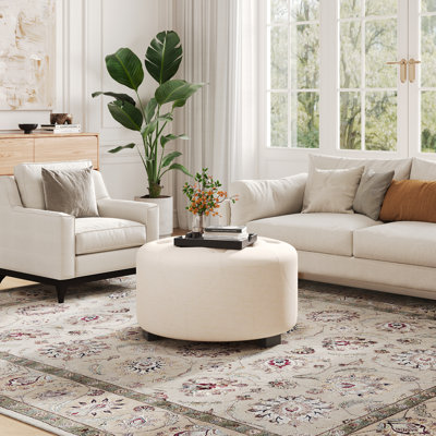 Button Tufted Round Ottoman - Small Beige Upholstered Footrest | Gift Idea