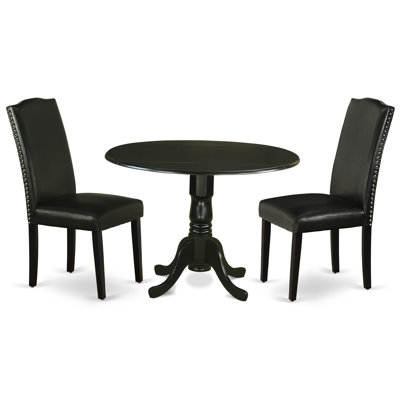3 Piece Dining Room Furniture Set Contains a Round Dining Table with Dropleaf and 2 Black Faux Leather Upholstered Chairs, 42x42 Inch, Black