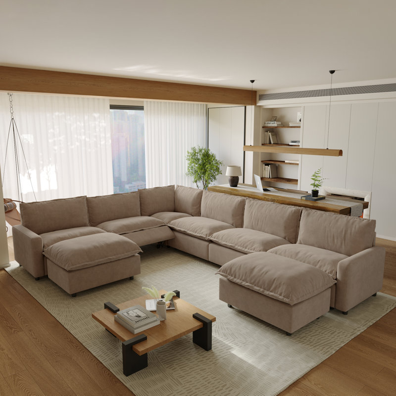 Moncada 8-Piece Modular Linen L-Shaped Power Reclining Sectional With Zero-Gravity And Heated Seats, Khaki Linen