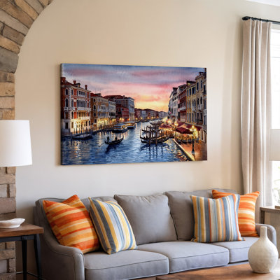 Toile, scène aquarelle pittoresque de Venise au coucher du soleil, présentant un art mural sur un canal serein bordé d'élégants bâtiments historiques, impression sur toile