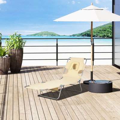 Chaise longue de plage pliante avec 5 positions inclinables, trou pour le visage, fentes pour accoudoirs et coussin pour patio, jardin, piscine, fentes de détente extérieures beiges, pochette de rangement