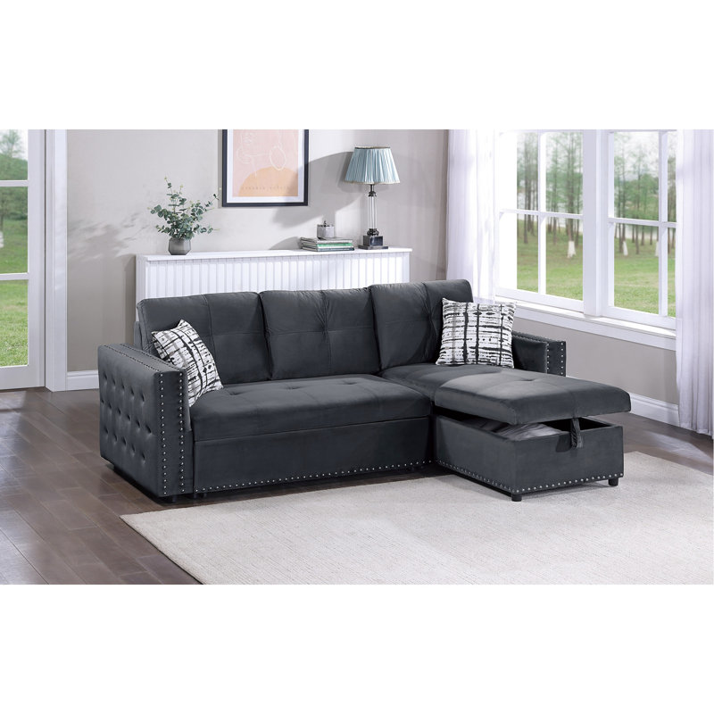 Canapé modulaire contemporain en velours avec méridienne réversible et coussins de siège moelleux, Noir