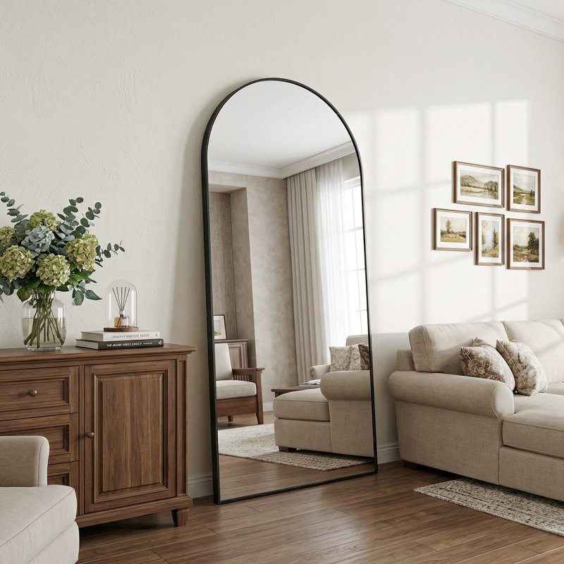 Miroir surdimensionné arqué en métal surdimensionné, Noir, 78 po x 38 po