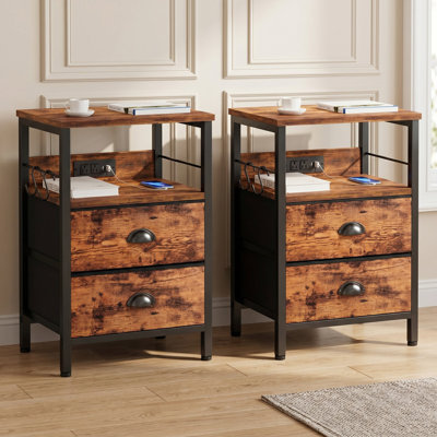 Bedside Nightstands with 2 USB Ports & AC Outlets, 2 Drawers and 2-Tier Open Storage Shelf