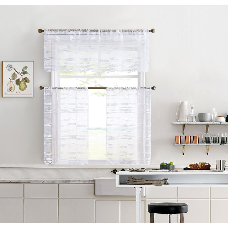 Striped Tailored Cafe Curtain, White, 30" W x 36" L