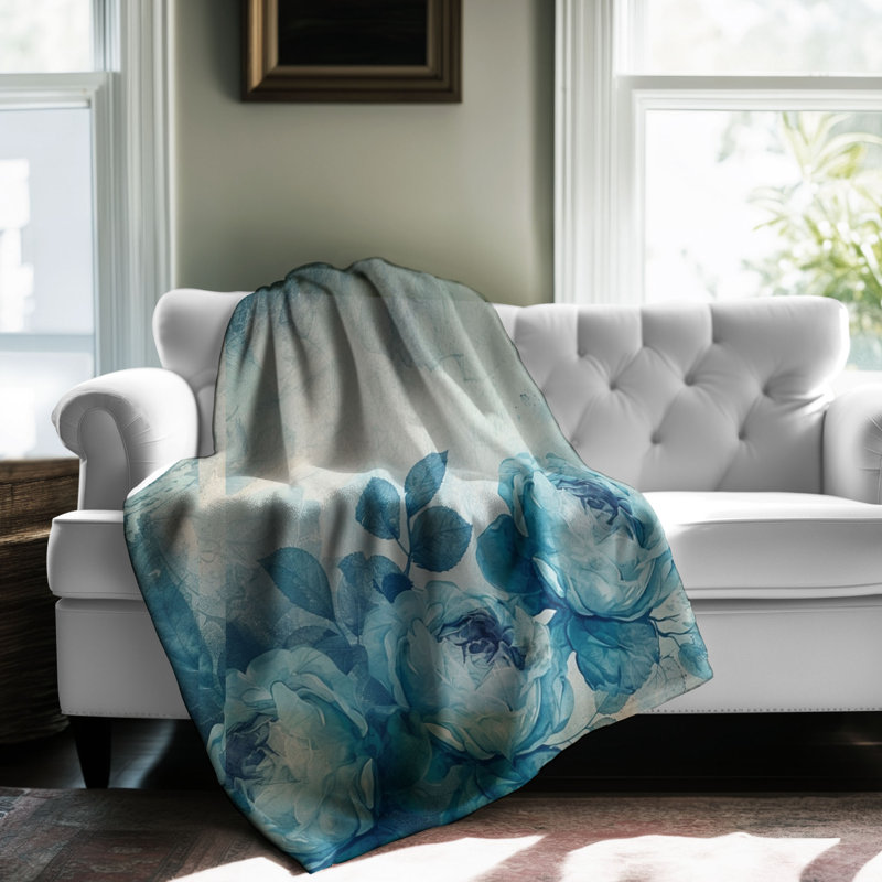 Roses rétro bleues - couverture Sherpa de qualité supérieure 1 pièce, Lit simple