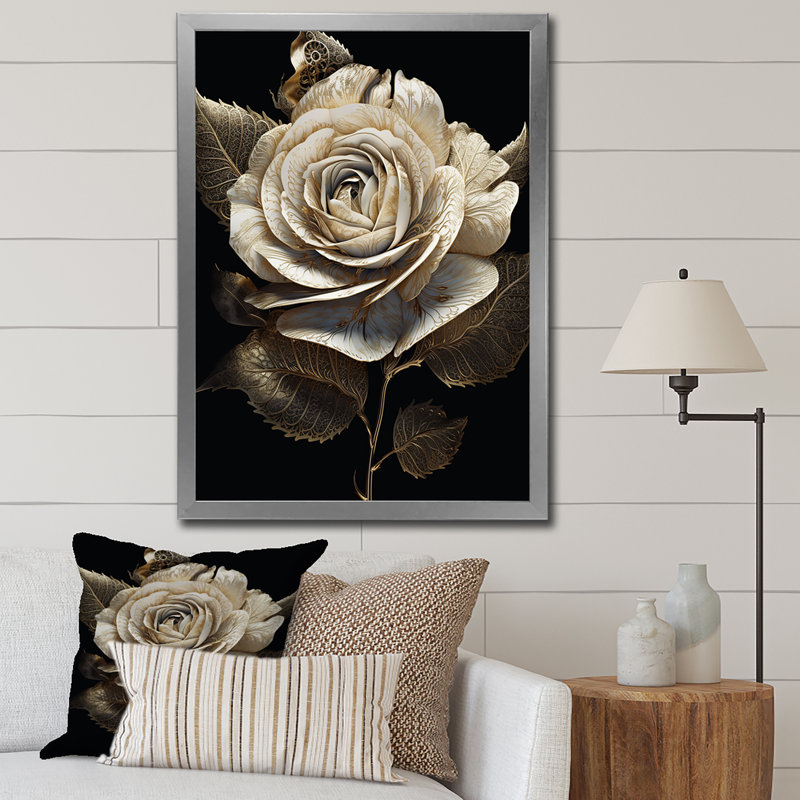 Rétro portrait de rose blanche sur fond noir I, Cadre photo argenté, H 32 po x l 24 po x P 1 po