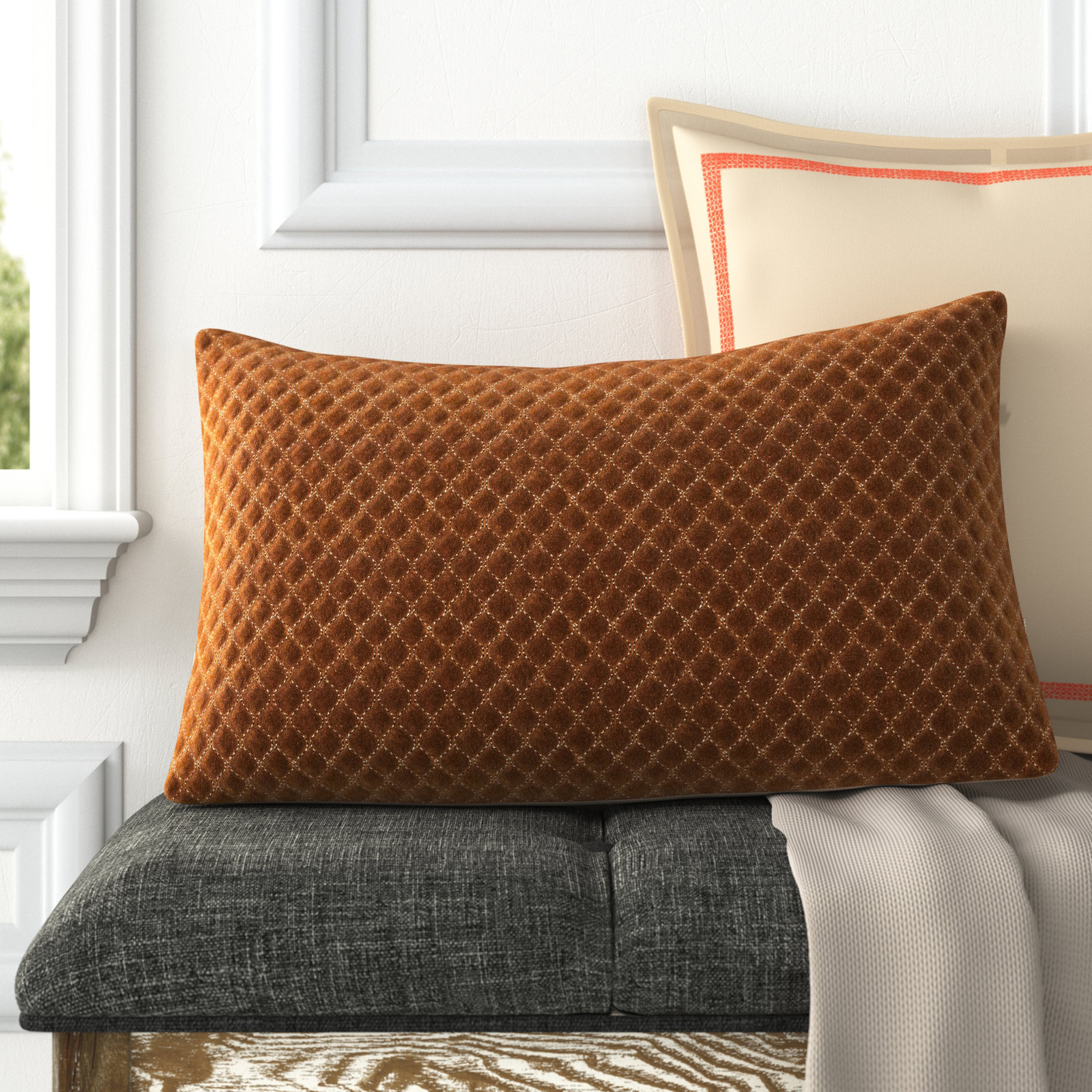 Ryans Embroidered Cotton Lumbar Throw Pillow, Down, Brown Lattice, Rectangle 13" H x 21" W