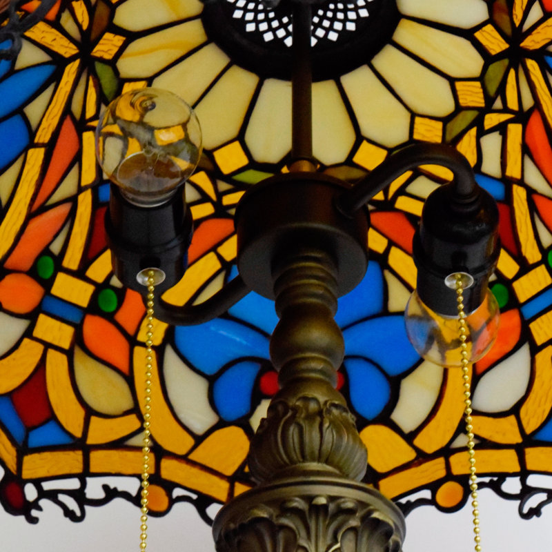 64"H Tiffany Style Floor Lamp with Stained Glass Shade and Resin Base, Blue Heart Beads