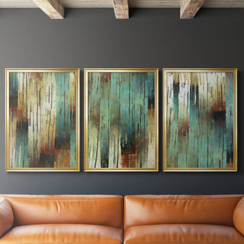 Digital Intrusion II  -Custom Framed  Wrapped Gallery Canvas - 3 Pieces, 30" H x 63" W, Gold