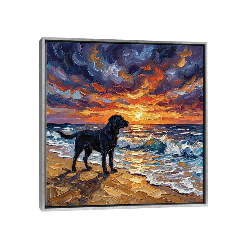 «Beach Night - Black Labrador», reproduction d'art sur toile encadrée, 26" x 26", Framed Canvas, Silver