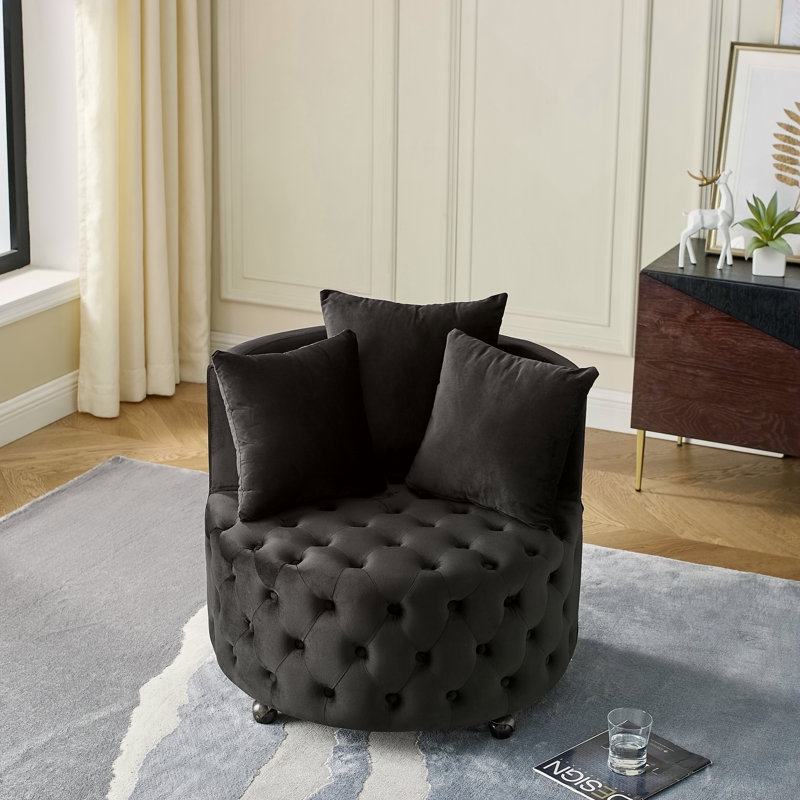 Chaise pivotante rembourrée en velours avec boutons capitonnés, roues mobiles et 3 coussins pour les salons modernes, noir
