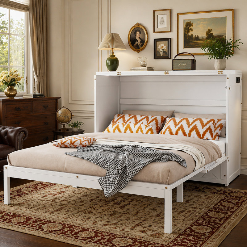 Lit escamotable mural Murphy avec tiroir et ensemble de prises, ports USB, White