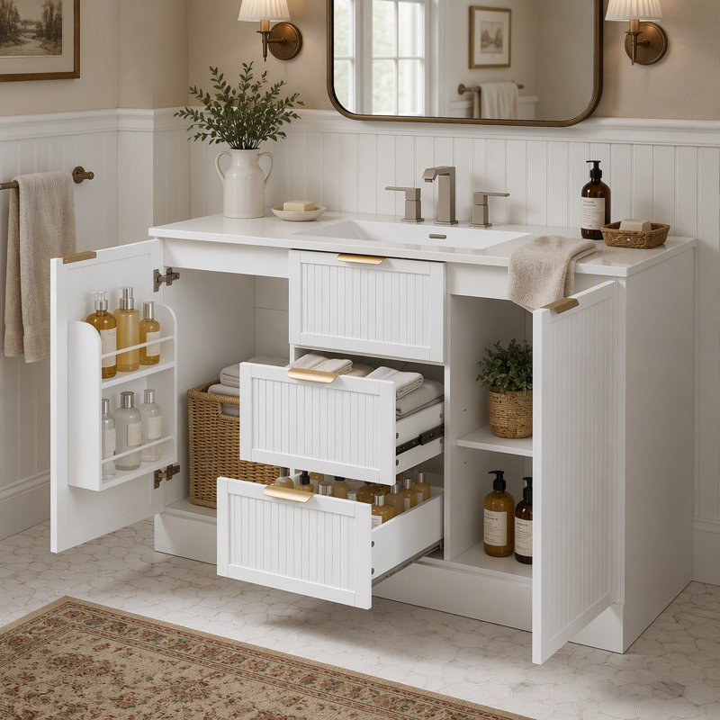 Meuble-lavabo autoportant avec charnières à fermeture douce et tablettes ajustables pour des solutions de rangement organisées