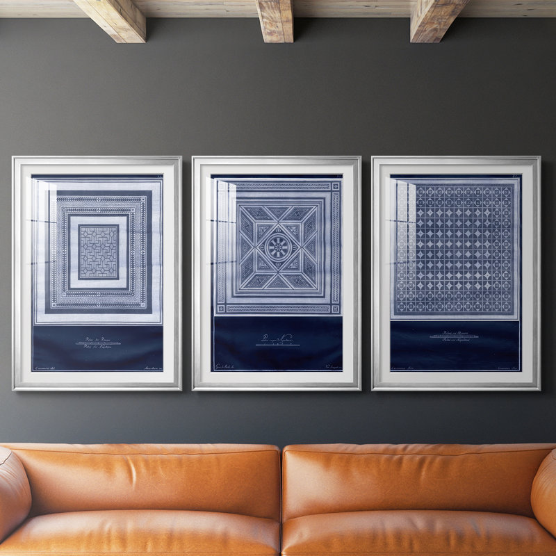 Indigo Tile IV - Impression encadrée sur mesure de qualité supérieure mate - 3 pièces, Argent argent, H 21 po x l 30 po