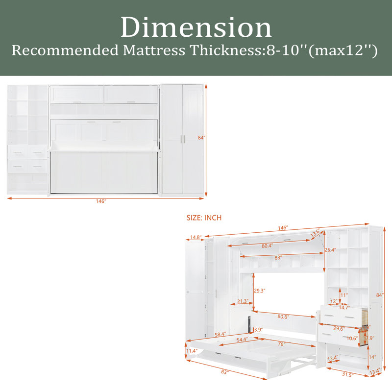 Lit escamotable double pleine grandeur avec placard, tiroirs et tablettes, Double
