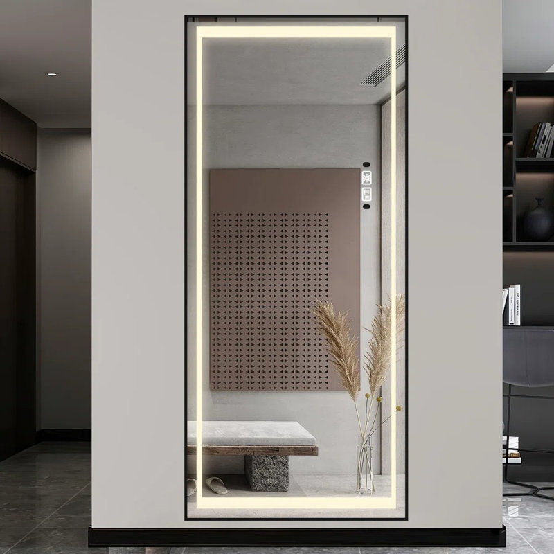 Modern  LED Full-Length Floor Mirror - Adjustable Lighting with Stand,Black