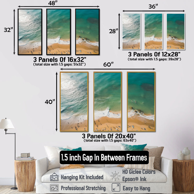 Vue aérienne des vagues côtières vertes I - plage et océan, art mural, Cadre flottant blanc, H 28 po x l 36 po x P 1 po