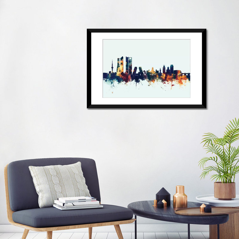 Skyline Series: Madrid, Espagne, impression sur toile tendue en bleu, H 24 po x l 32 po x P 1 po, Papier d'art encadré noir