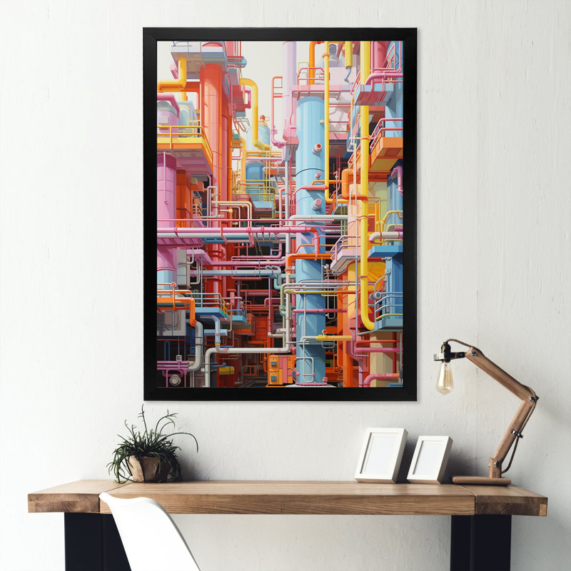Abstrait usine colorée, minimalisme - Bâtiments et paysages urbains, impressions sur toile, Cadre simple noir