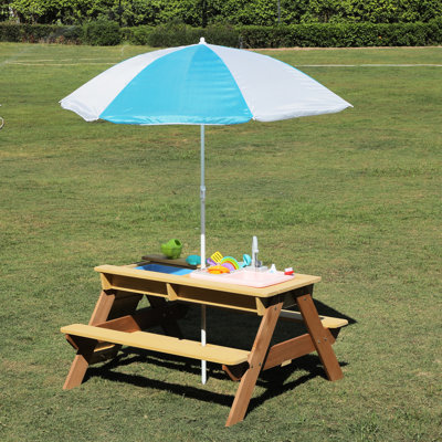 Table de pique-nique et de sable réglable 3 en 1, en bois massif, de couleur rouge brun jaune, idéale pour jouer dans la cour extérieure, assembler 20 25 minutes et table d'eau avec fonction, pliable de 43 po