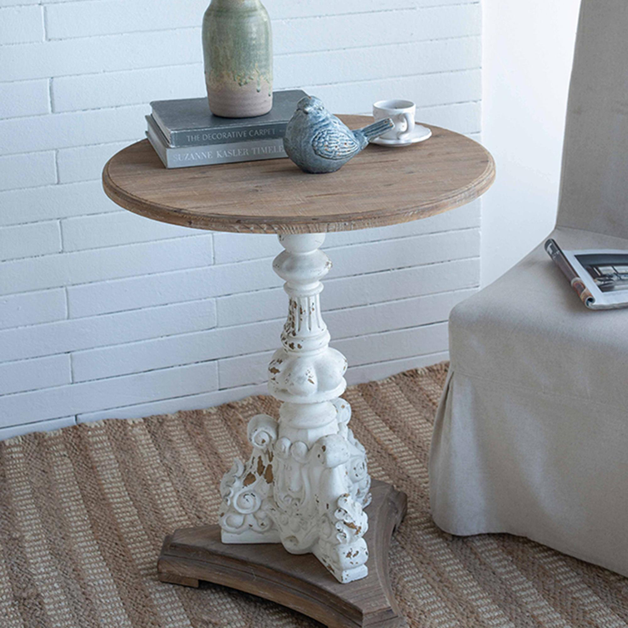 One Allium Way Elegant Antique White French Country Round Side Table ...