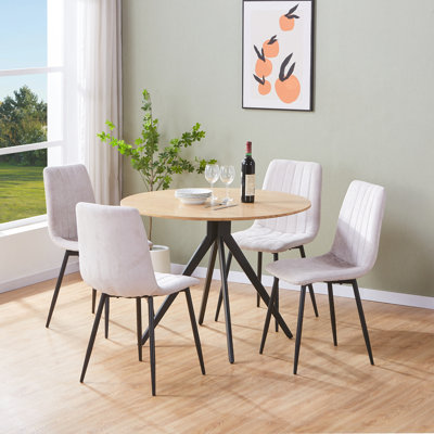 Aspen Light Oak Round Dining Table with 4 Straight Stitch Upholstered Fabric Chairs - Modern Dining Set