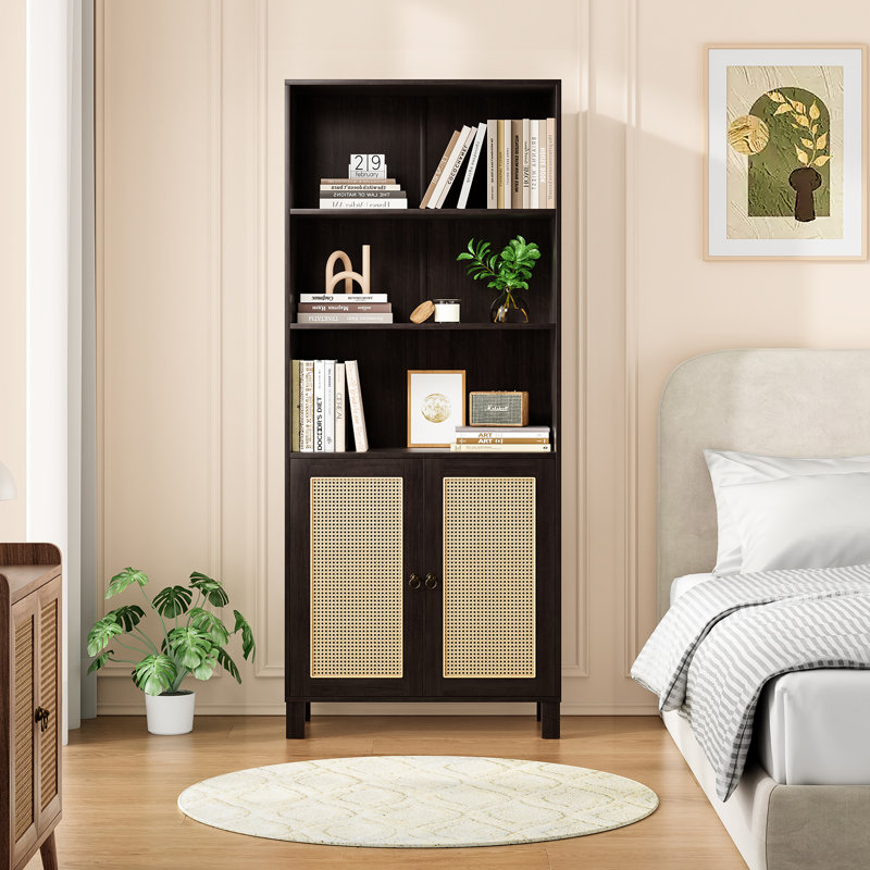 5 -Tier Storage Bookcase with 2 Doors And Adjustable Shelves, Walnut